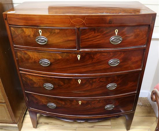A Regency strung mahogany bowfronted chest of five drawers, W.3ft 4in.